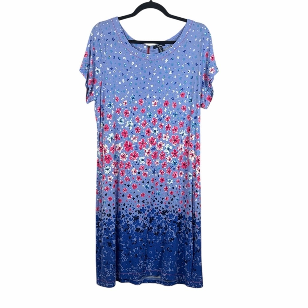 Hatley Floral Ombre Dress XL Blue Pink Short Sleeve Zip Back Resort Vacation